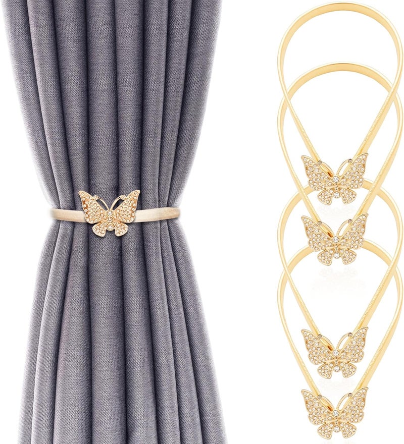 LLPMutu 4Pack Aluminum Alloy Spring Design Curtain Tiebacks - Leaf Carving Design Curtain Ties for Drapes - Modern Style Gold Butterfly Holdbacks - Image 1